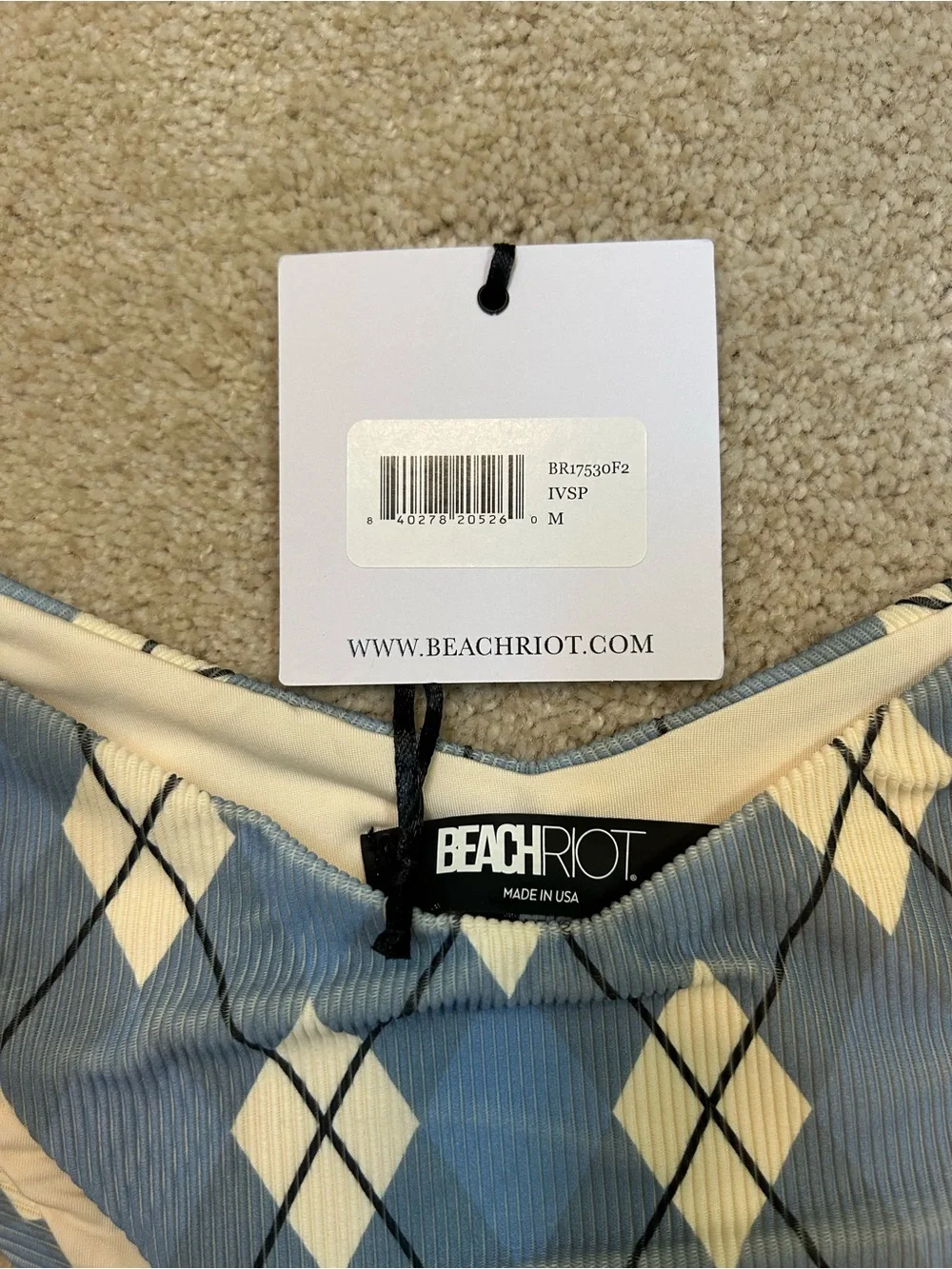 Beach Riot Vanessa Bikini Bottoms Blue Argyle NWT Cheeky High-Cut Swim Sz M